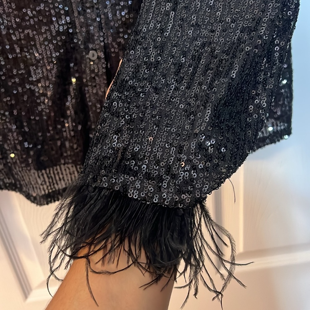 Black Button Up Sequence Top With Feather Wrist - image 2